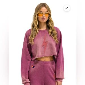 Aviator Nation Faded Berry Bolt Stitch Cropped Sweatshirt Size XL